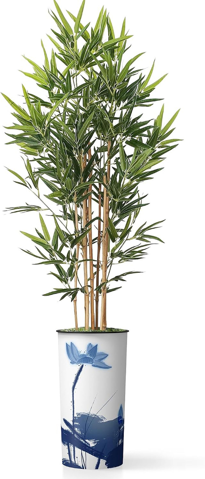 Artificial Tree in Blue Flower and Paint Texture Planter, Fake Bamboo Silk Tree