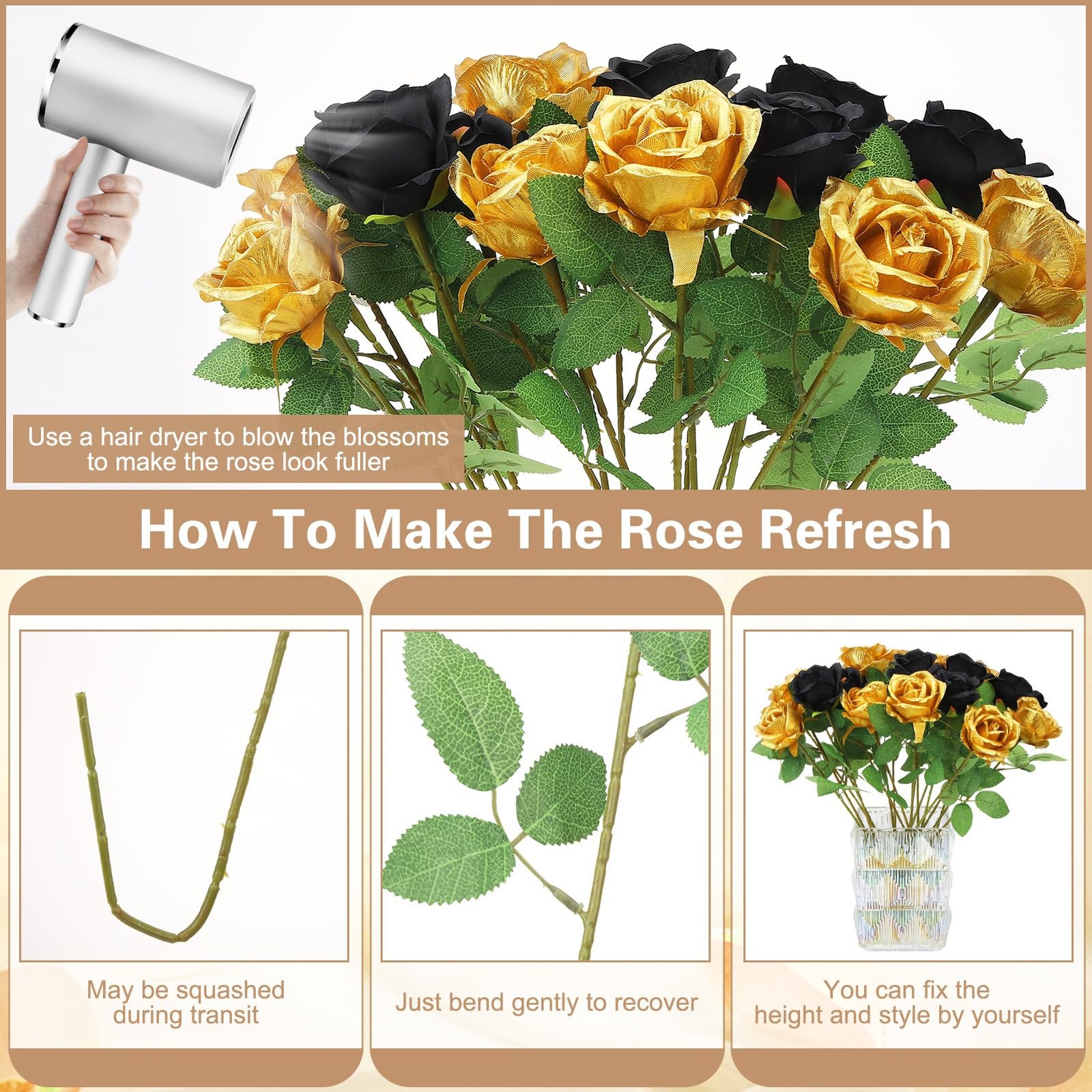72 Pcs Artificial Roses Gold, Black Fake Silk Roses Realistic Roses Faux Flow…