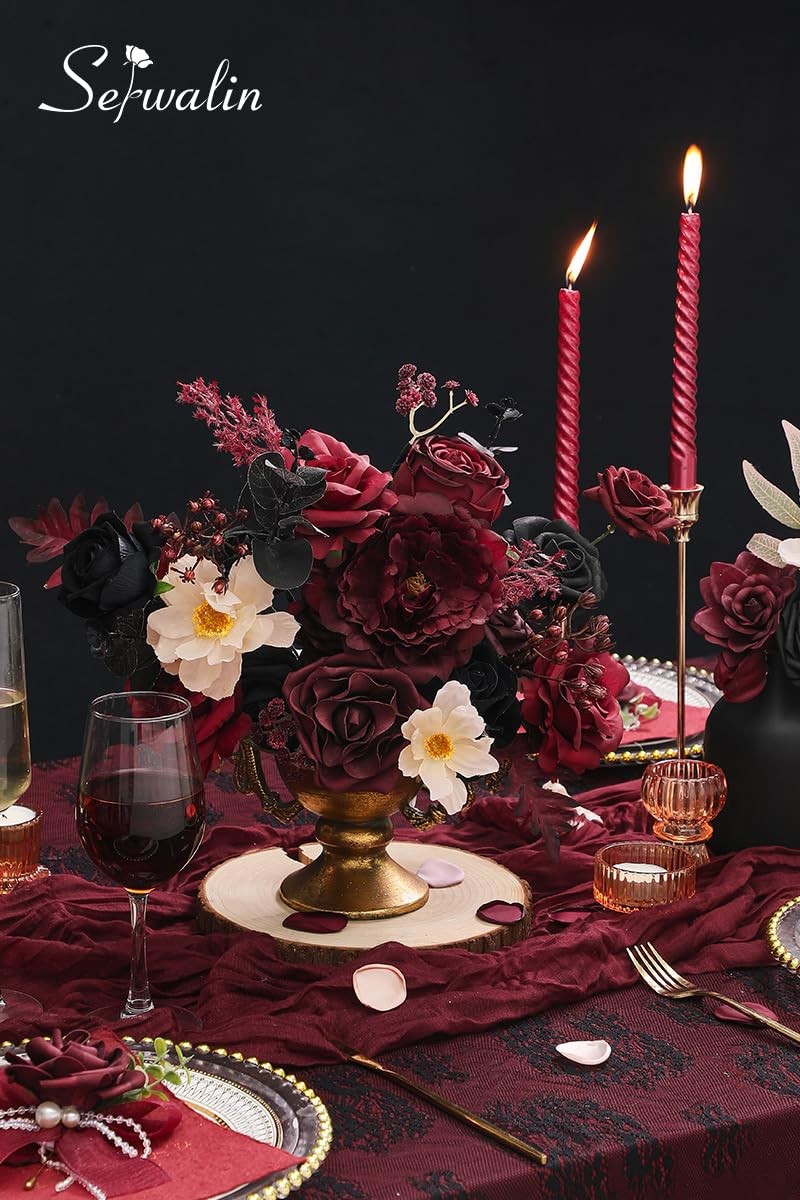 Artificial Burgundy Black Dark Red Roses Silk Flowers Table Centerpieces