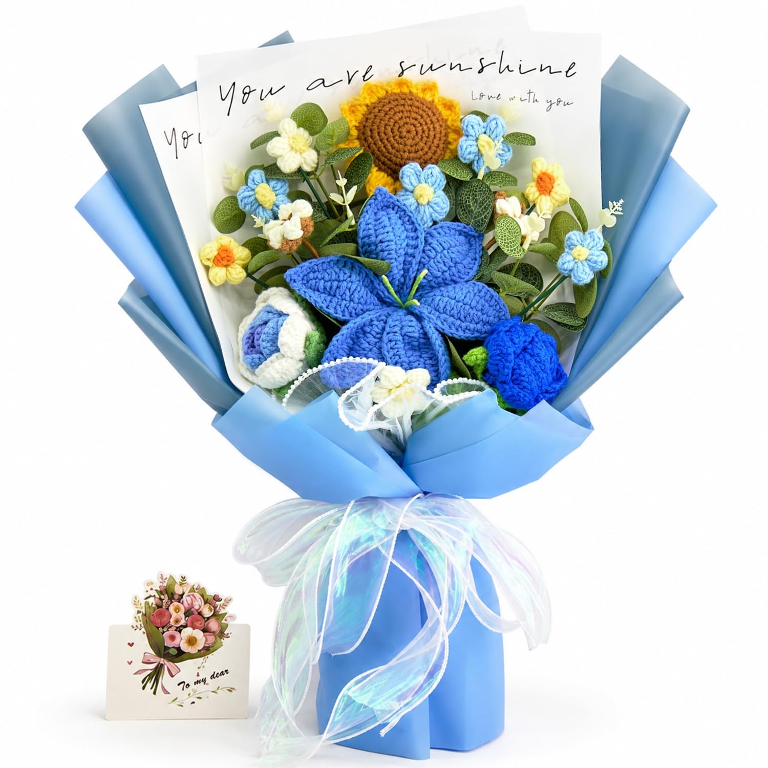 Crochet Flowers, Blue Crochet Flower Bouquet with 14 Knitted Flowers Sunflowe…