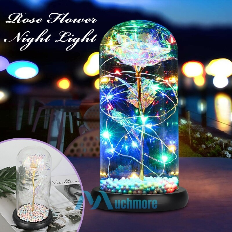 Rose in Glass Dome Preserved Flower Decortions Dome w/ LED Lights Gifts for Her