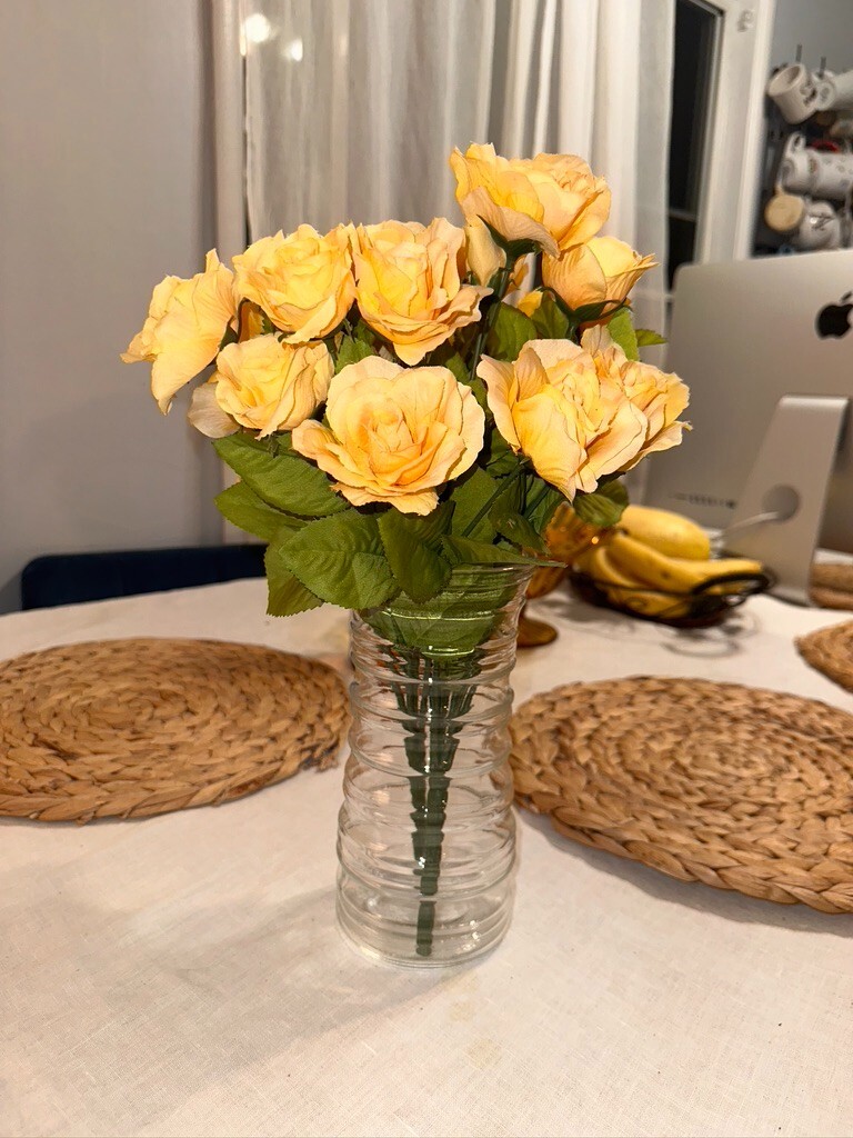 2 set 14″ Tall 14 Stems Yellow Roses Artificial Flowers Blossom Silk glass vase