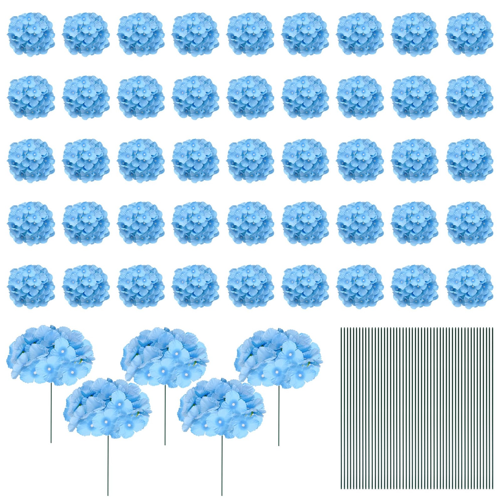 50Pcs Blue Hydrangea Artificial Flowers Faux Fake Silk Fabric Hydrangea Flowe…