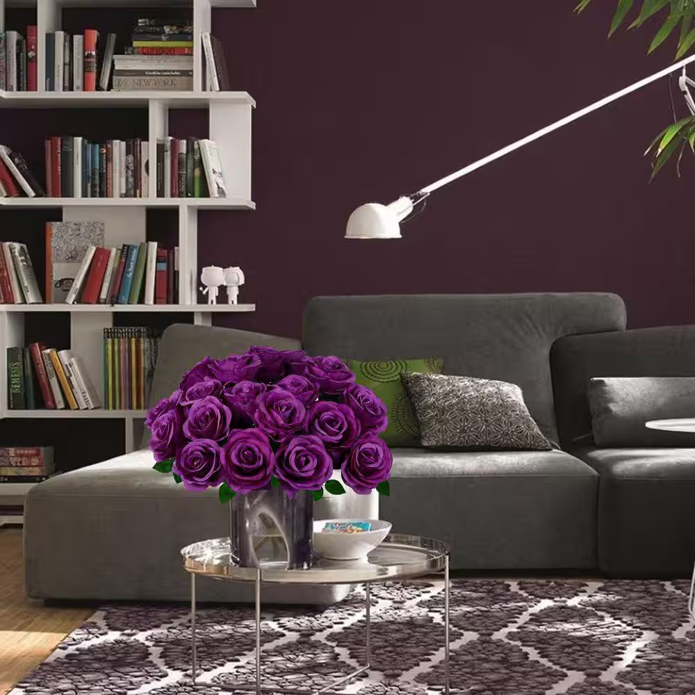 17.7 In. 20-Piece Purple Indoor Artificial Roses Silk Flowers for Valentines Wed