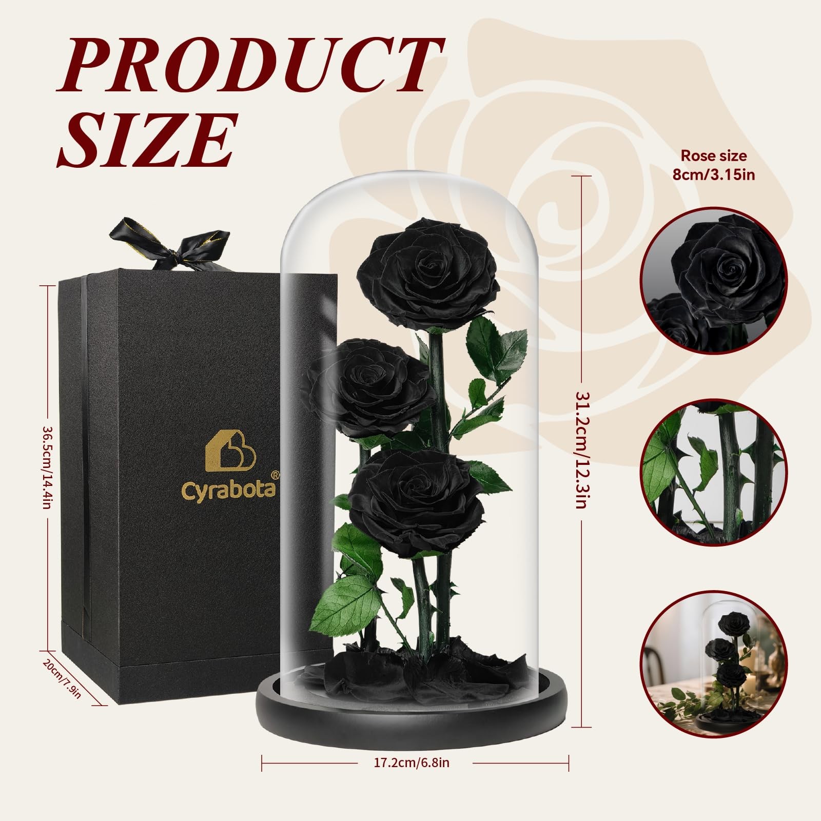 Cyrabota Preserved Roses Black Roses in Glass Dome, 12.3inch Forever Preserve…