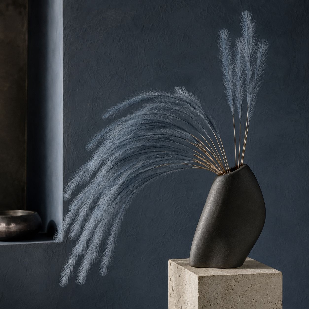 Slate Blue Faux Pampas Grass Stems, 16-Piece 31-Inch Wispy Synthetic Floor Vase