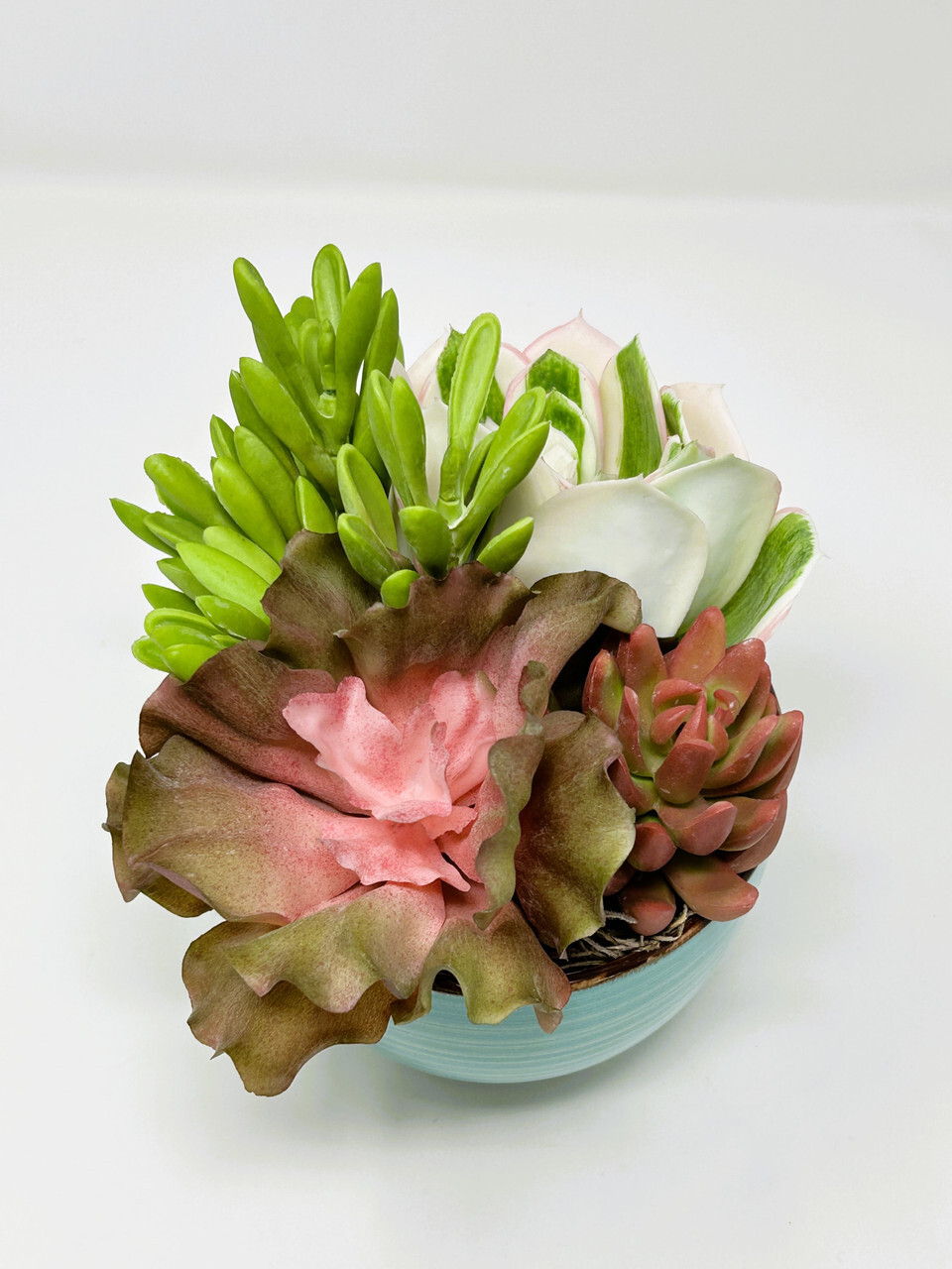 7″ Artificial MAUVE PINK mixed Succulent Garden #16, Blue Ceramic Bowl Planter