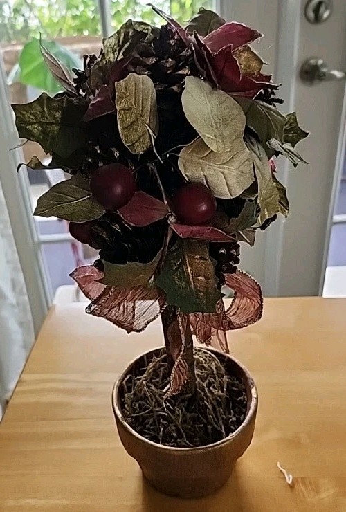 Artificial Topiary Tree Pinecones, Leaves, Berries, Mauve & Gold Color 15”
