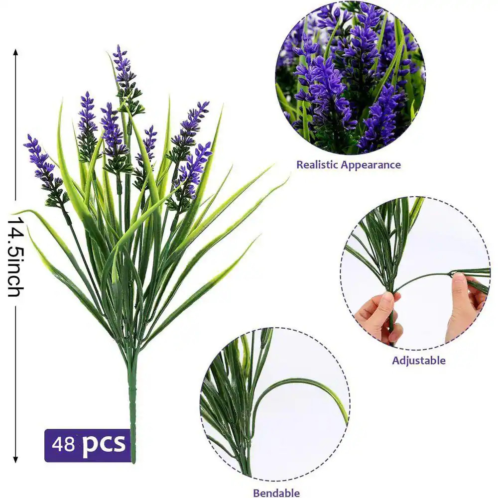 48 Bundles UV Resistant Plastic Faux Plants, 14.5 In. Purple Outdoor Artificial