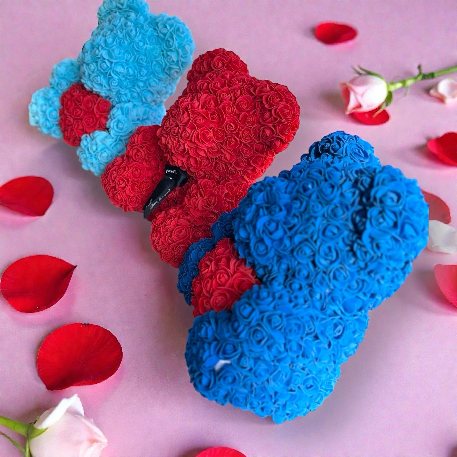13” Eternal Rose Teddy Bear Blue Valentine’s Gift Faux Roses Gift Wrapped
