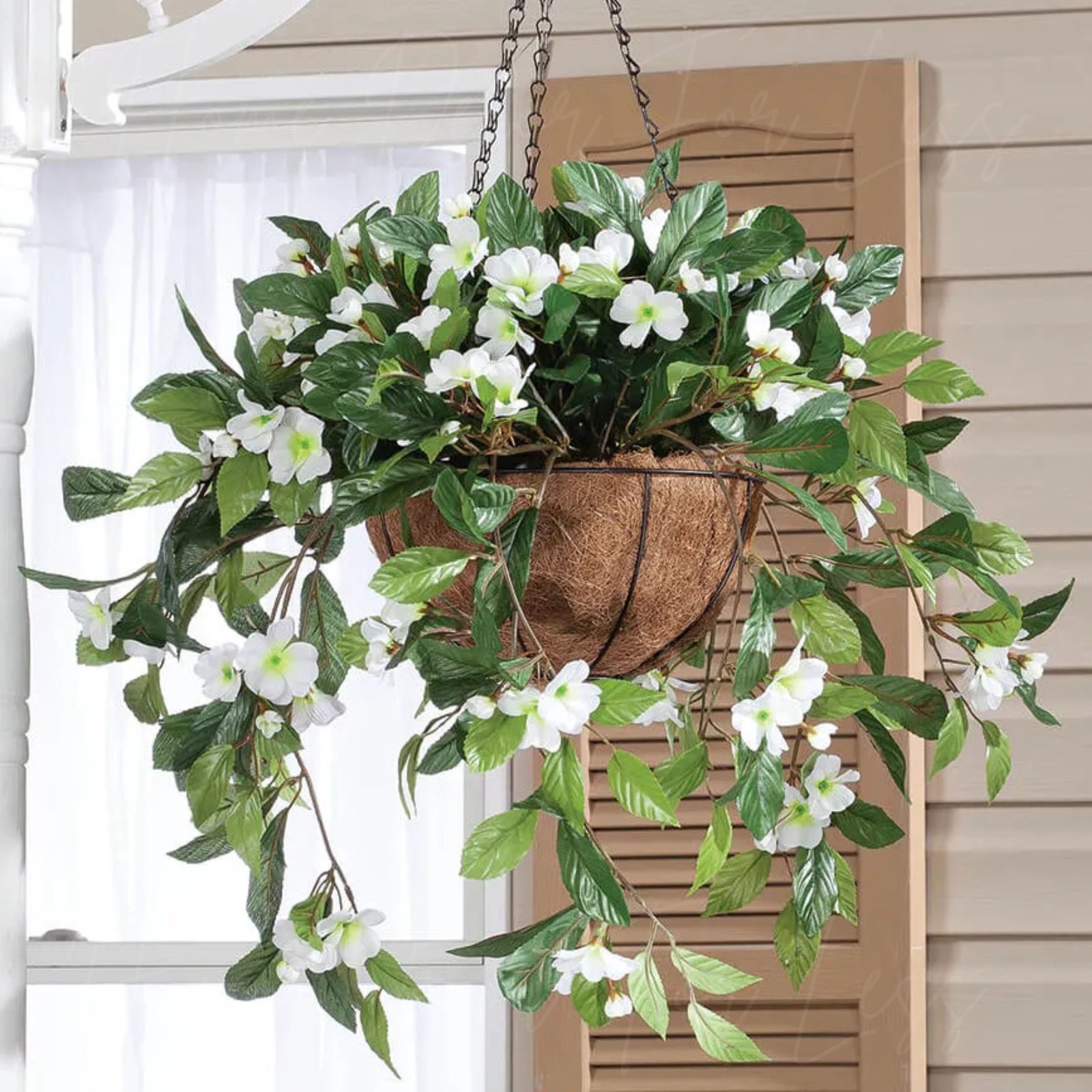 Large Artificial White Impatiens Hanging Basket Indoor Outdoor Patio Yard Decor