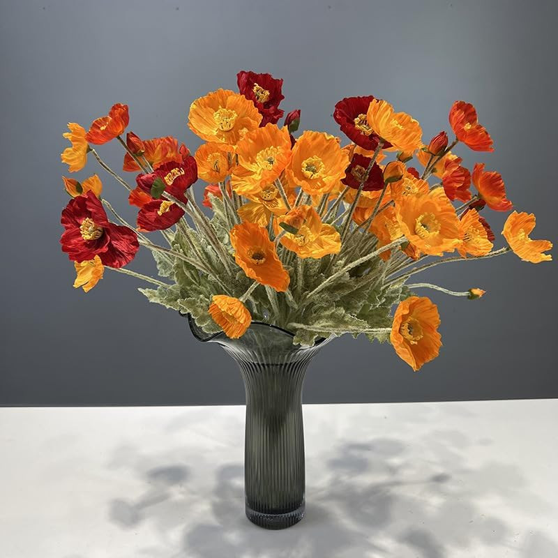 3 Bundles of 22 inches Tall Red Poppy Flowers Artificial,Ranunculus Artificial F