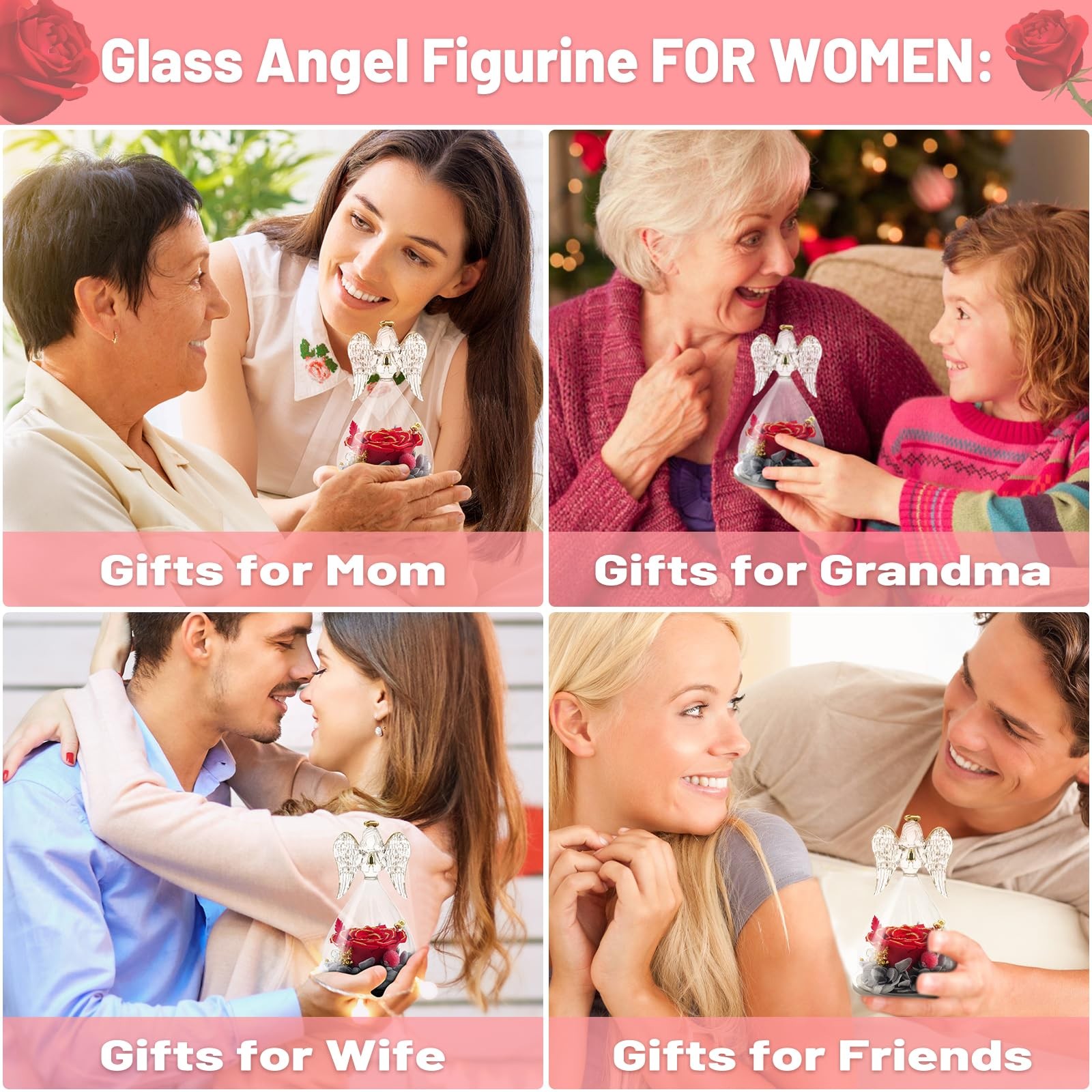 Angel Figurines With Real Rose Preserved Flowers Mothers Day Gift Redgold