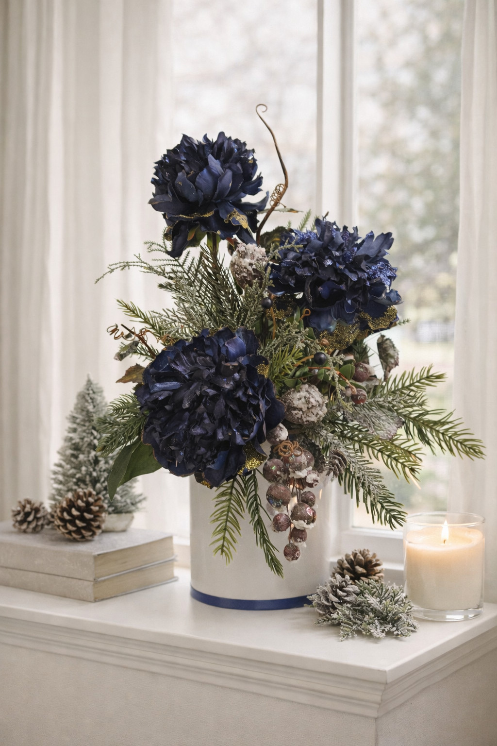 Navy Blue Winter Floral Arrangement, Elegant Christmas Flower Arrangement