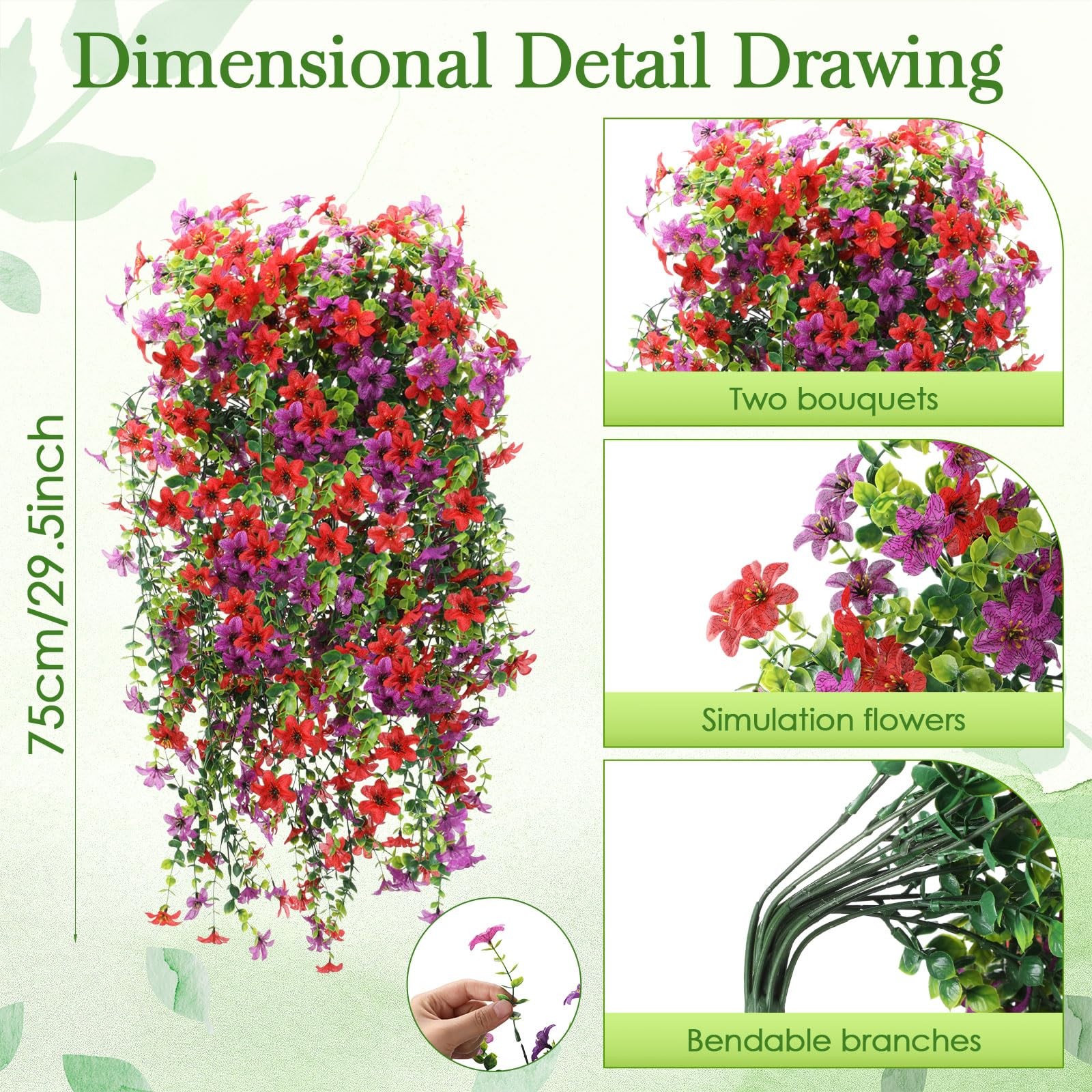 4 Pcs Full & Lush Artificial Hanging Flowers for Outdoors, 64 Branches Total …