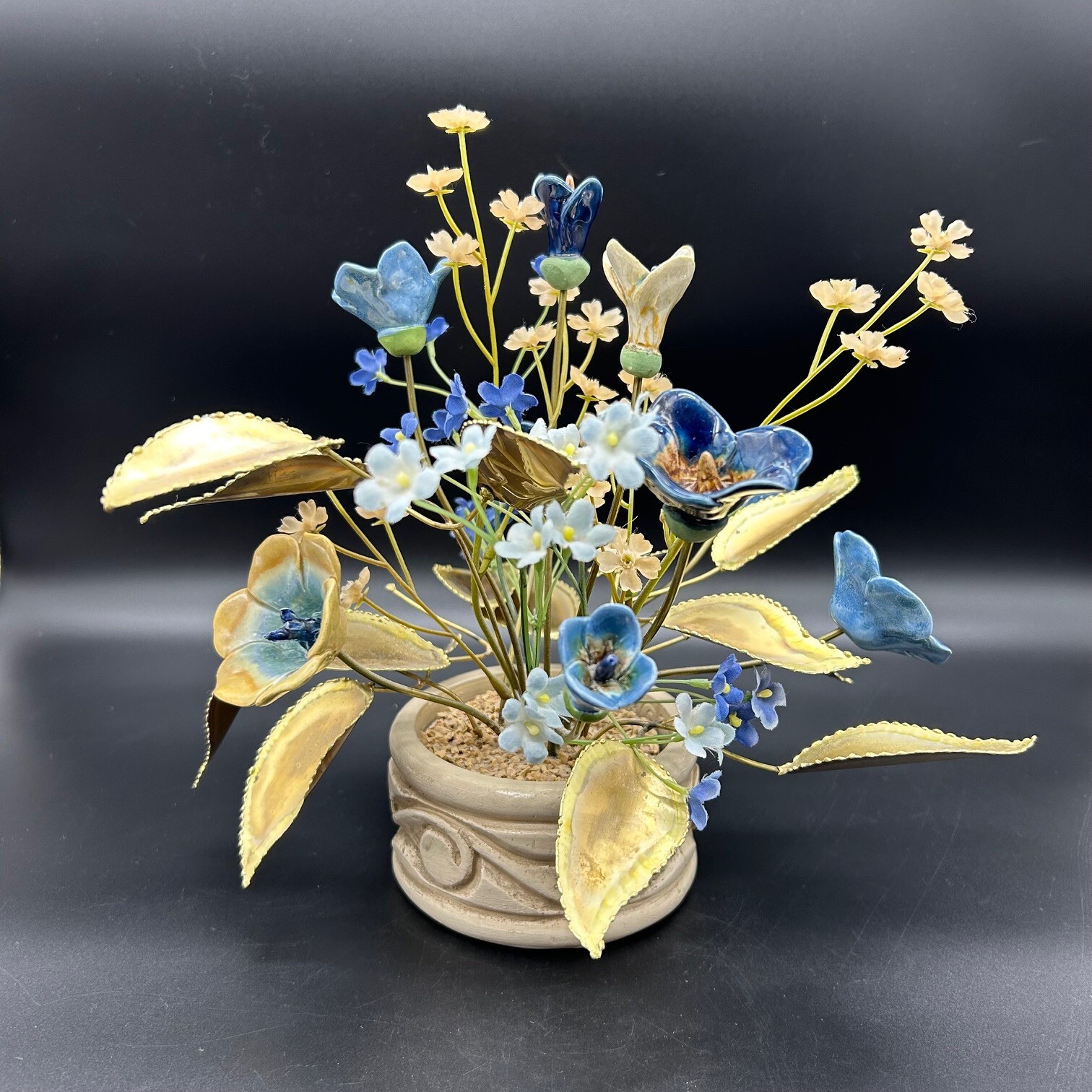 Mixed Media Flower Arrangement Ceramic & Faux Silk Flowers Metal Leaves in Pot