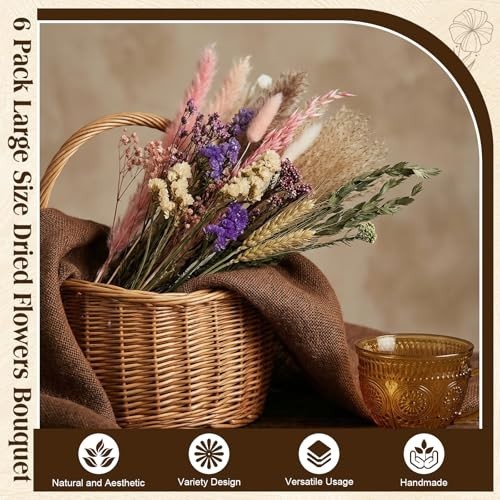 Large Dried Flower Bouquet 6 Bunches Pink Pampas Grass & Roses for Boho Decor