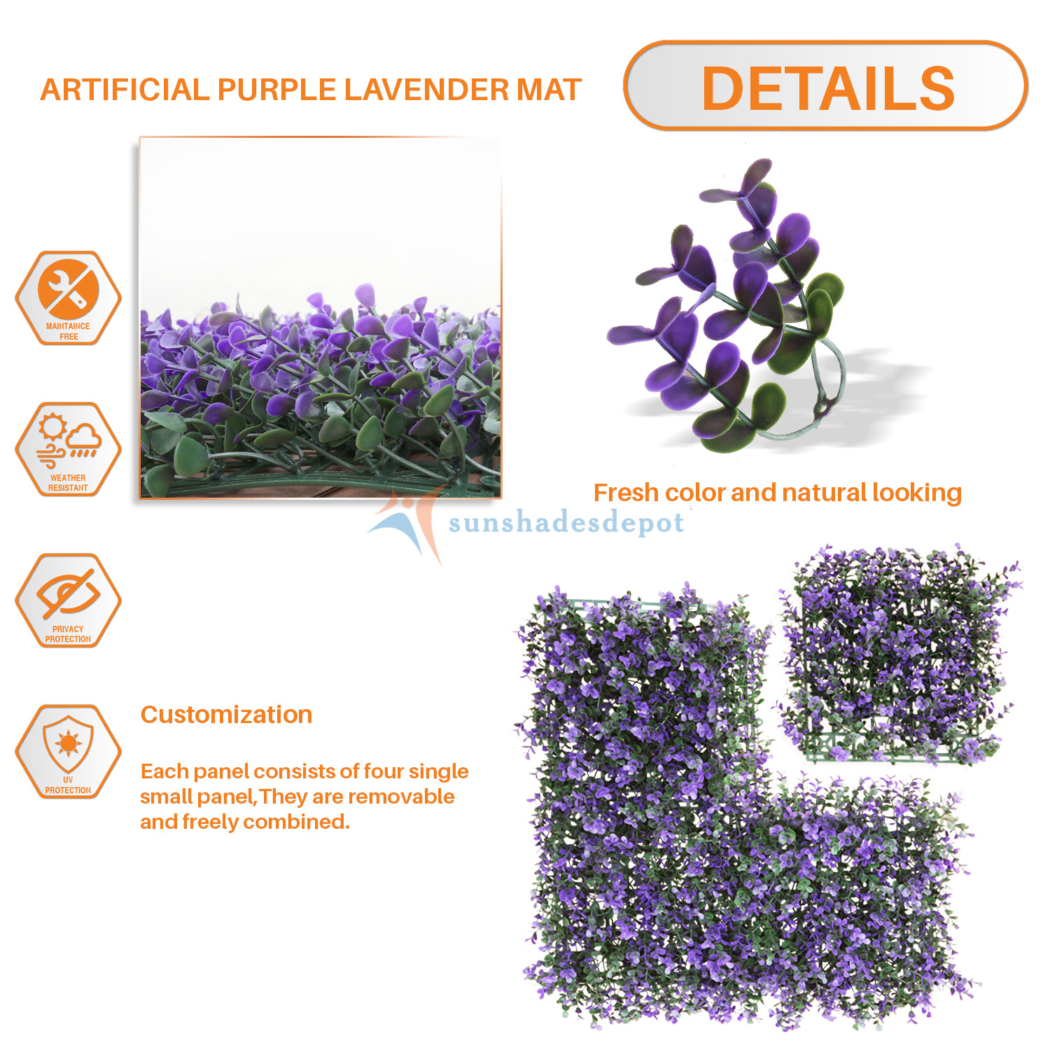 20” Artificial Hedge Faux Purple Lavender Leaves Fence Screen Panel Wall Decor