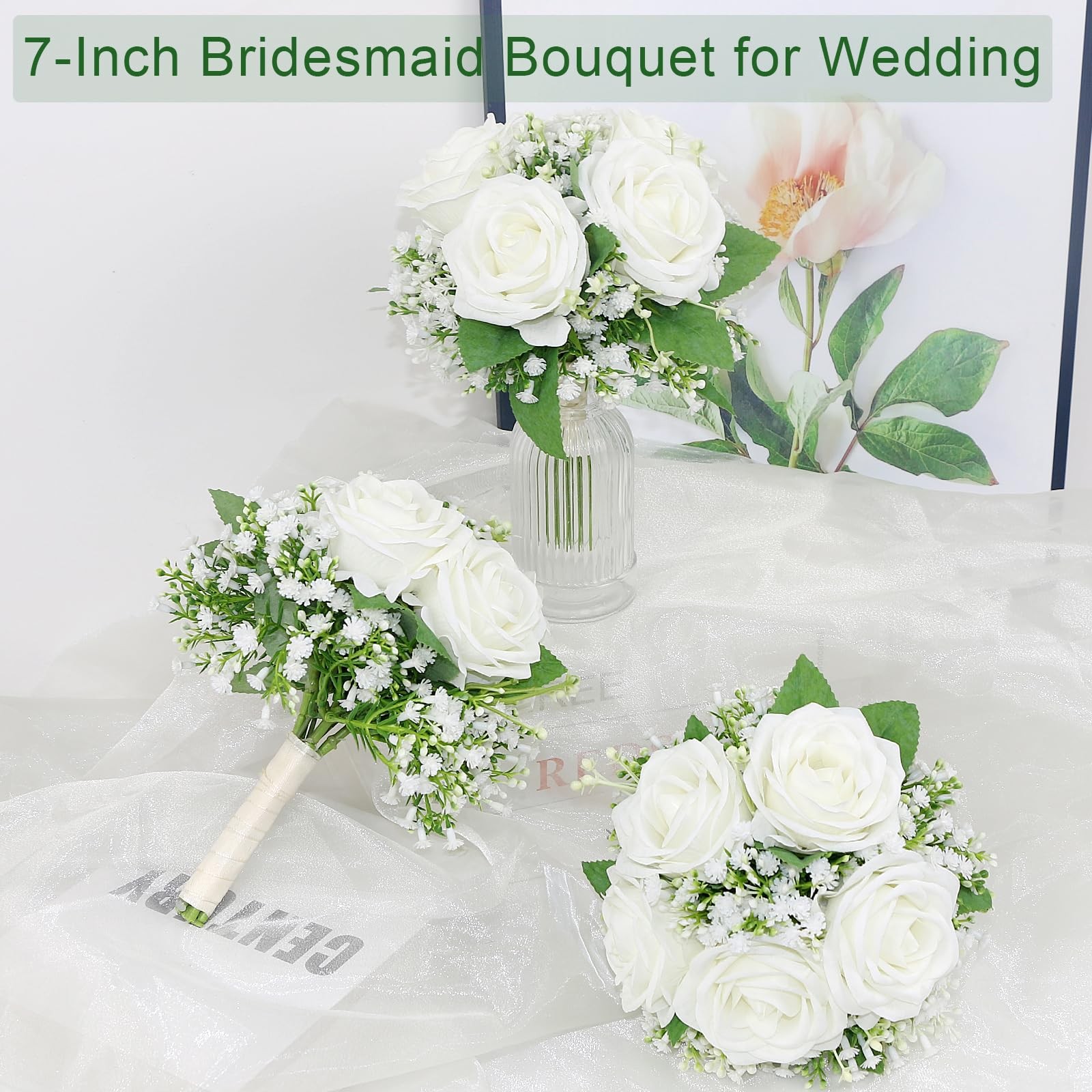 Set of 4 Bridesmaid Bouquets for Wedding – 7 Inch Ivory White Fake Flower Bou…