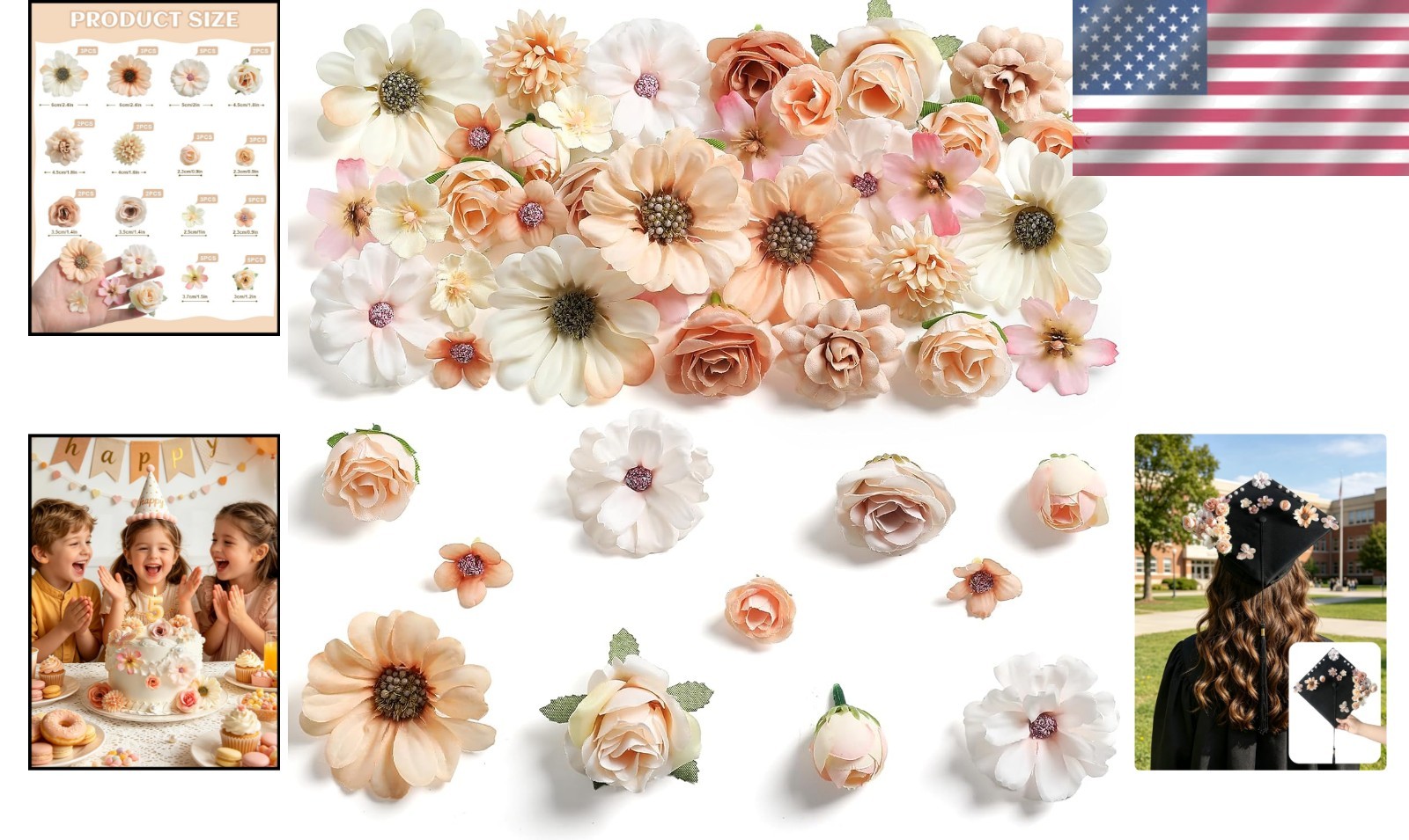 Artificial Flowers Fake Floral Heads for Crafts Weddings Home Decor 45 Pcs