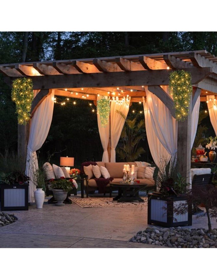 6Pcs GREEN Artificial Hanging Plants W/LED Strip Lights, Room Decor Fake Vines