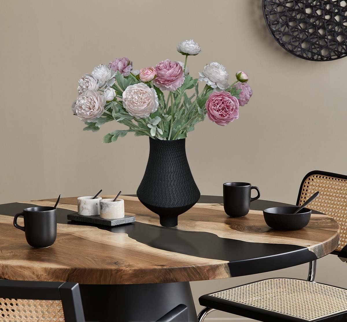 7 Pcs Peony Artificial Flowers with Stems, Faux Ice and Opal Pink Ranunculus Mix