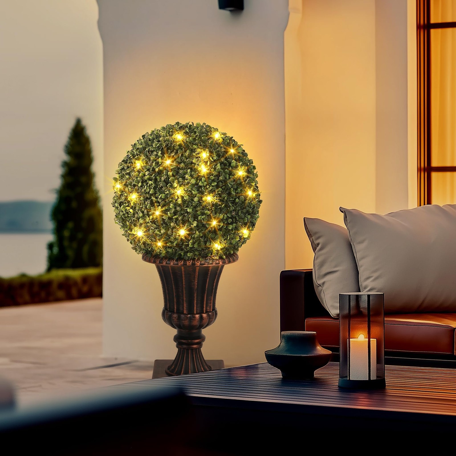 24″ Pre-Lit Artificial Topiary Trees for Front Porch, 2-Pack Faux Boxwood Pla…