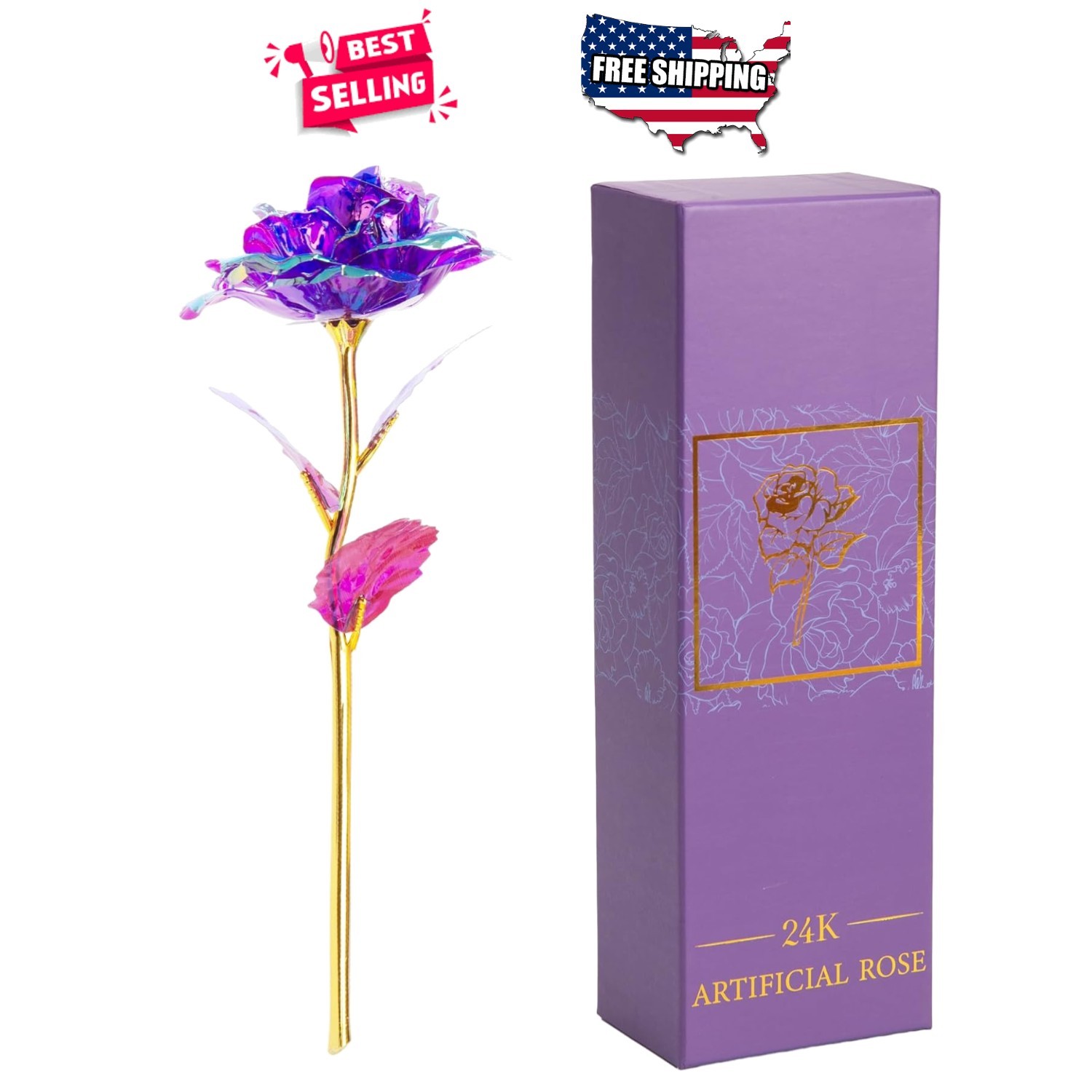 Gold Dipped Artificial Purple Rose Forever Flower Mother’s Day Anniversary Gift