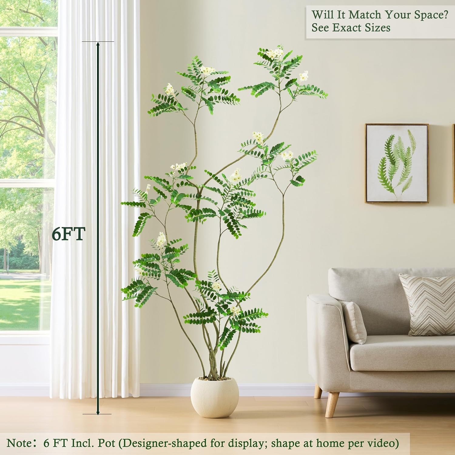 Artificial Black Locust Tree 6FT Faux Floor Plant White Flower Beige Ribbed Plan