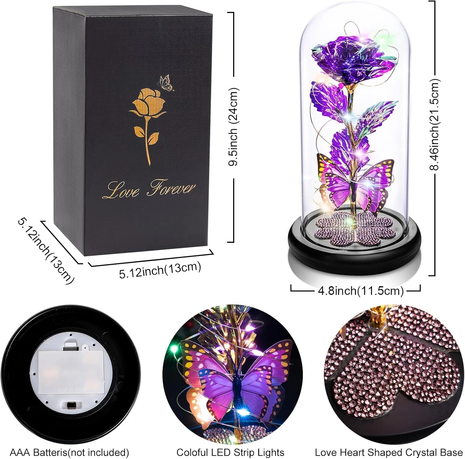 Galaxy Glass Rose in Glass Dome with Butterfly Purple Gift for Her