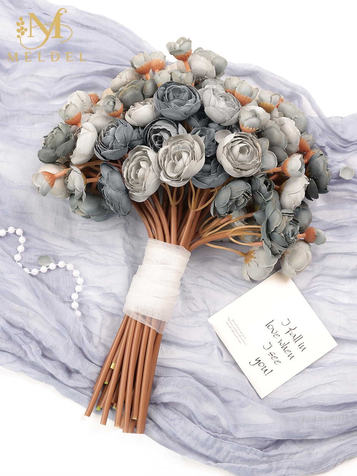 32 PCS Ranunculus Artificial Flower Dusty Blue Mini Rose Faux Fake Peony
