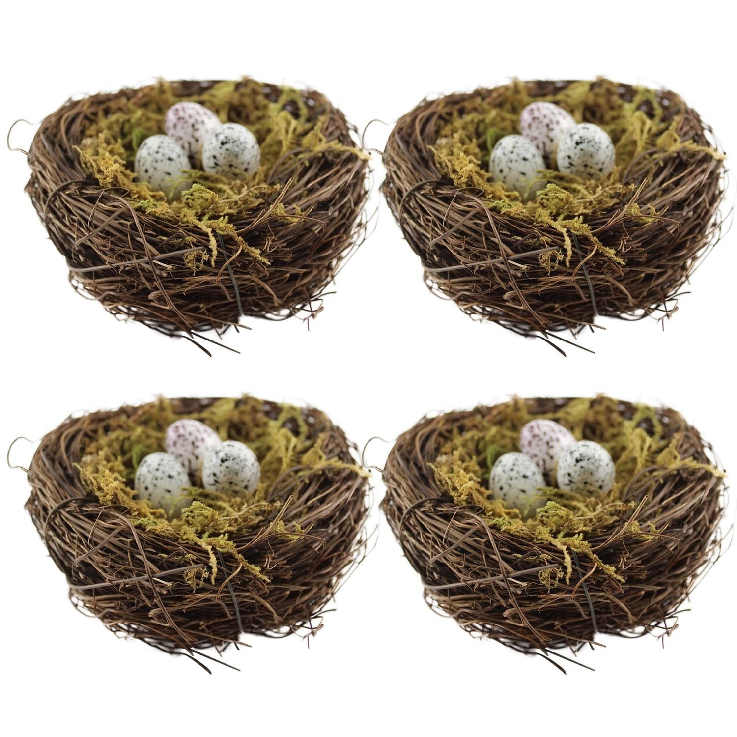 Handmade Artificial Birds Nest Set – 4PCS Rattan Nests with 12 Eggs & Moss for E