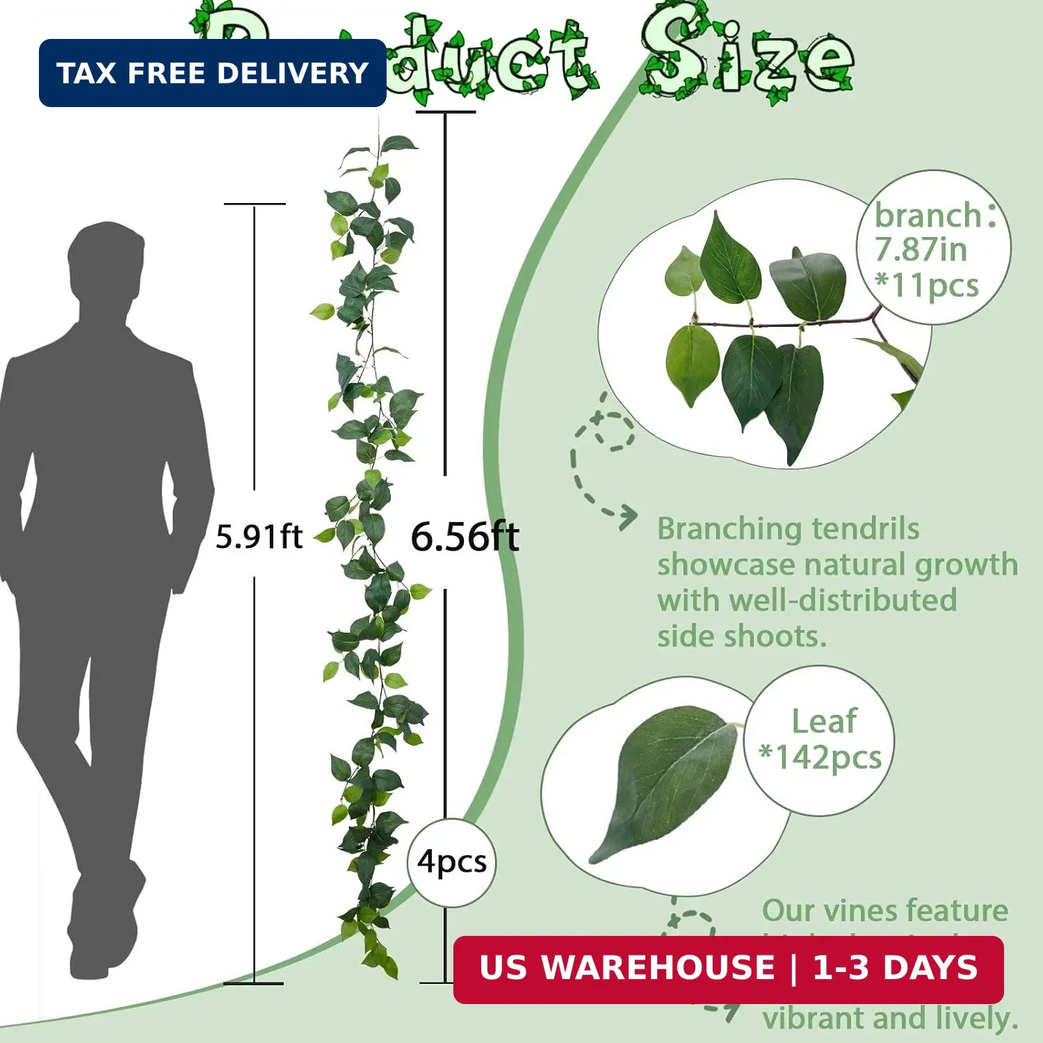 4Pack Total 24FT Green Fake Vines Ivy Leaves Vines for Bedroom Greenery Garland