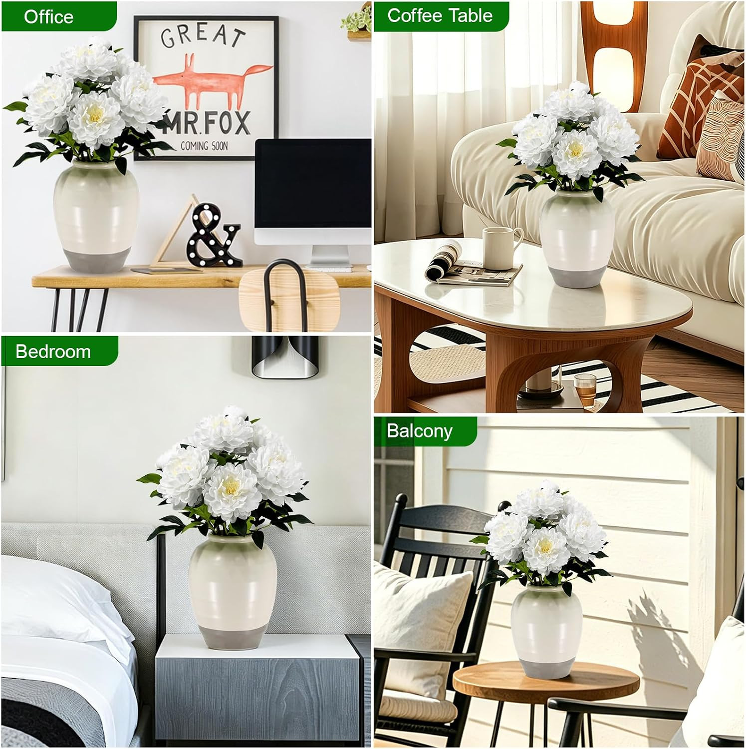 24″ Real Touch White Peony in Vase – Elegant Faux Flower Arrangement Decor