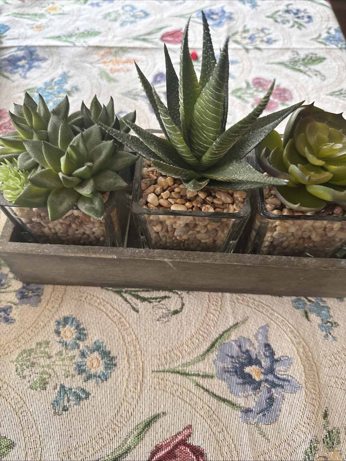 Artificial Succulents In Three Glass Containers Glued In Wooden Box