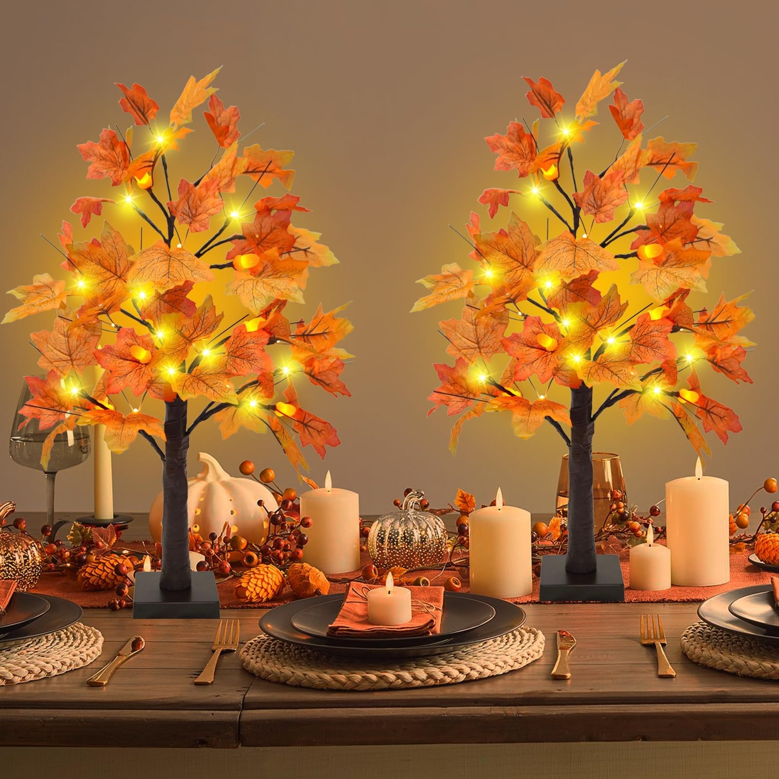 2 PCS 24 Lighted Artificial Fall Maple Tree 48 LED Pine Cones Timer