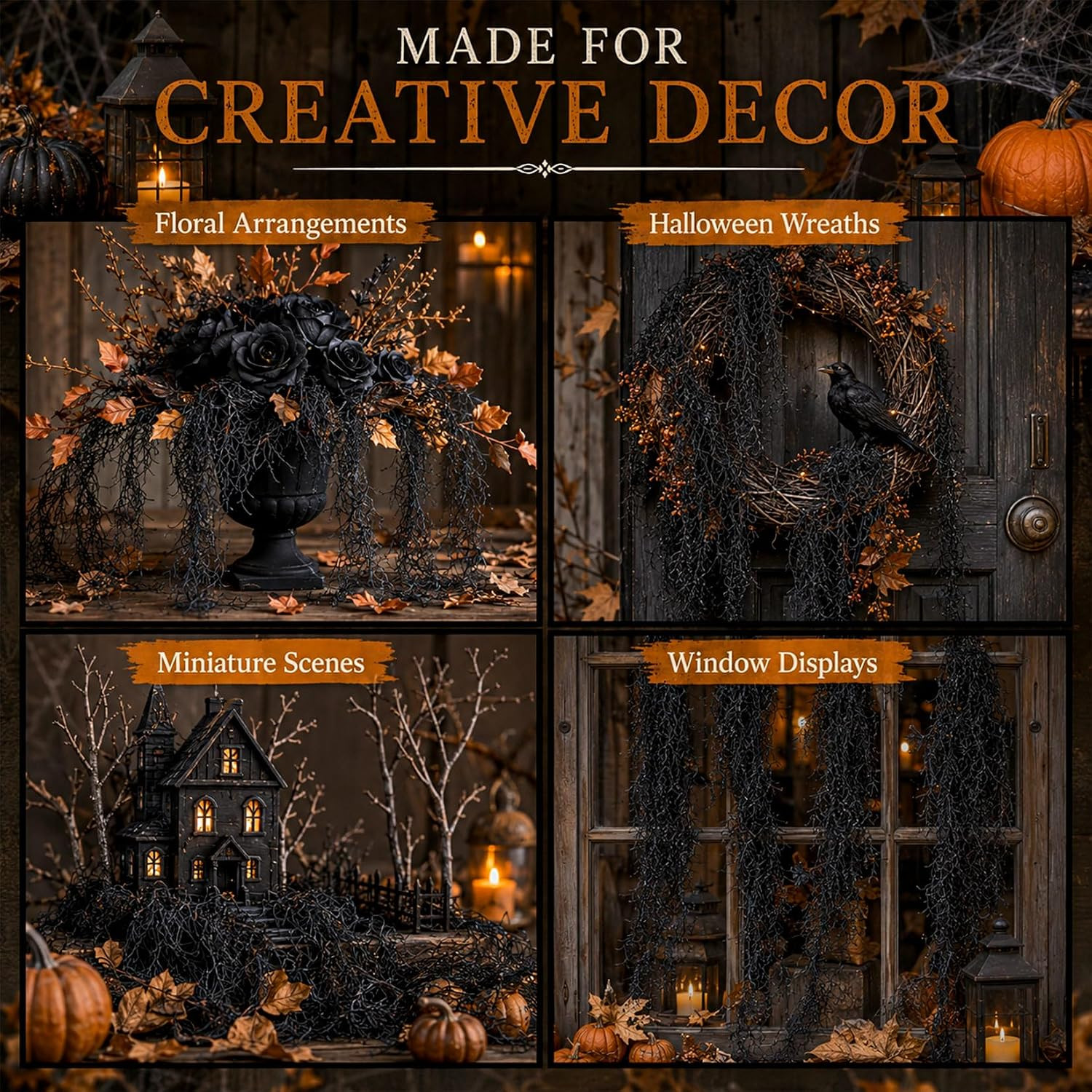 Fake Spanish Moss – 3 PCS Black Halloween Hanging Spanish Moss | 33 Inch Faux Gr