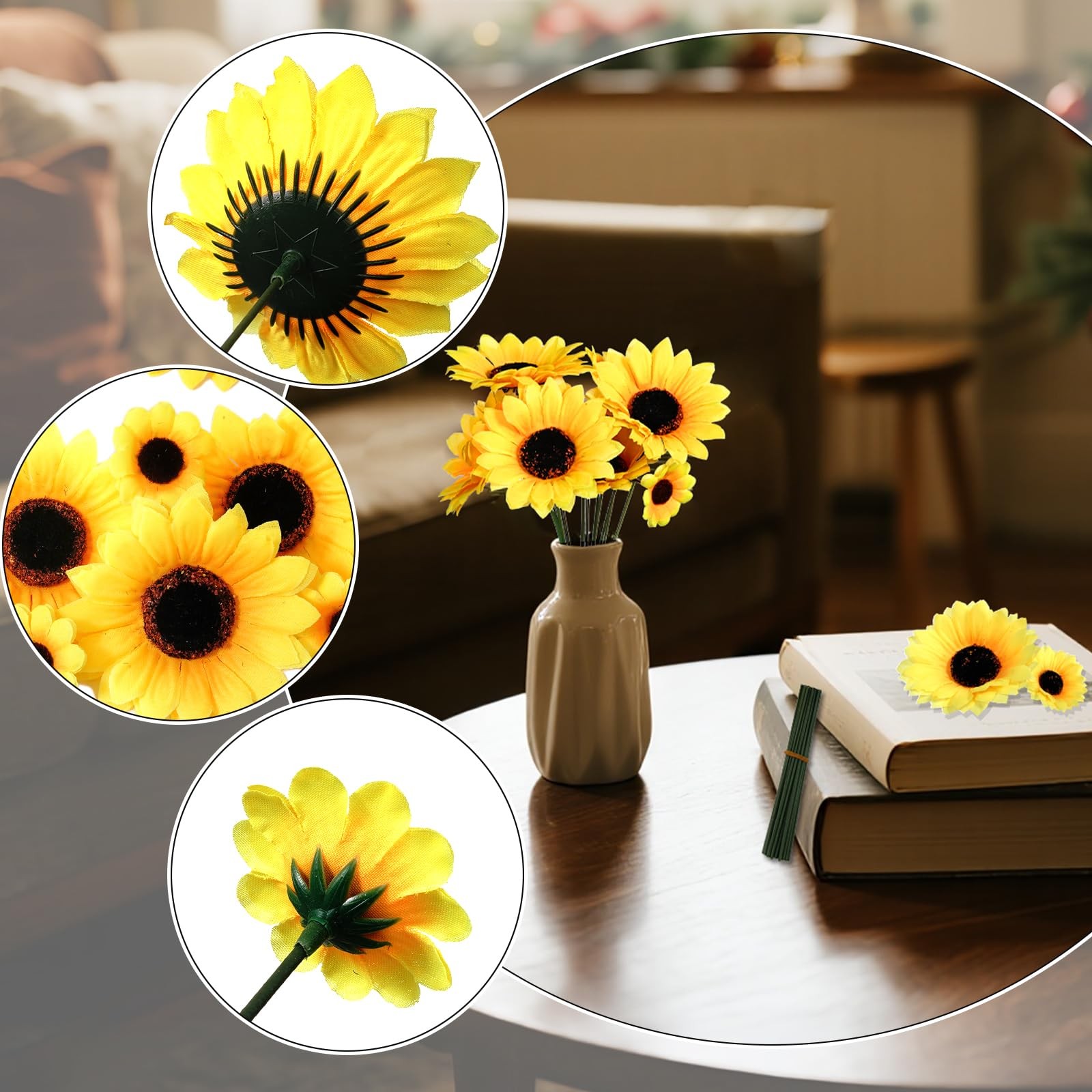 50pcs Artificial Sunflower Heads with 5.9in Iron Stems for Wreath Table Garde…