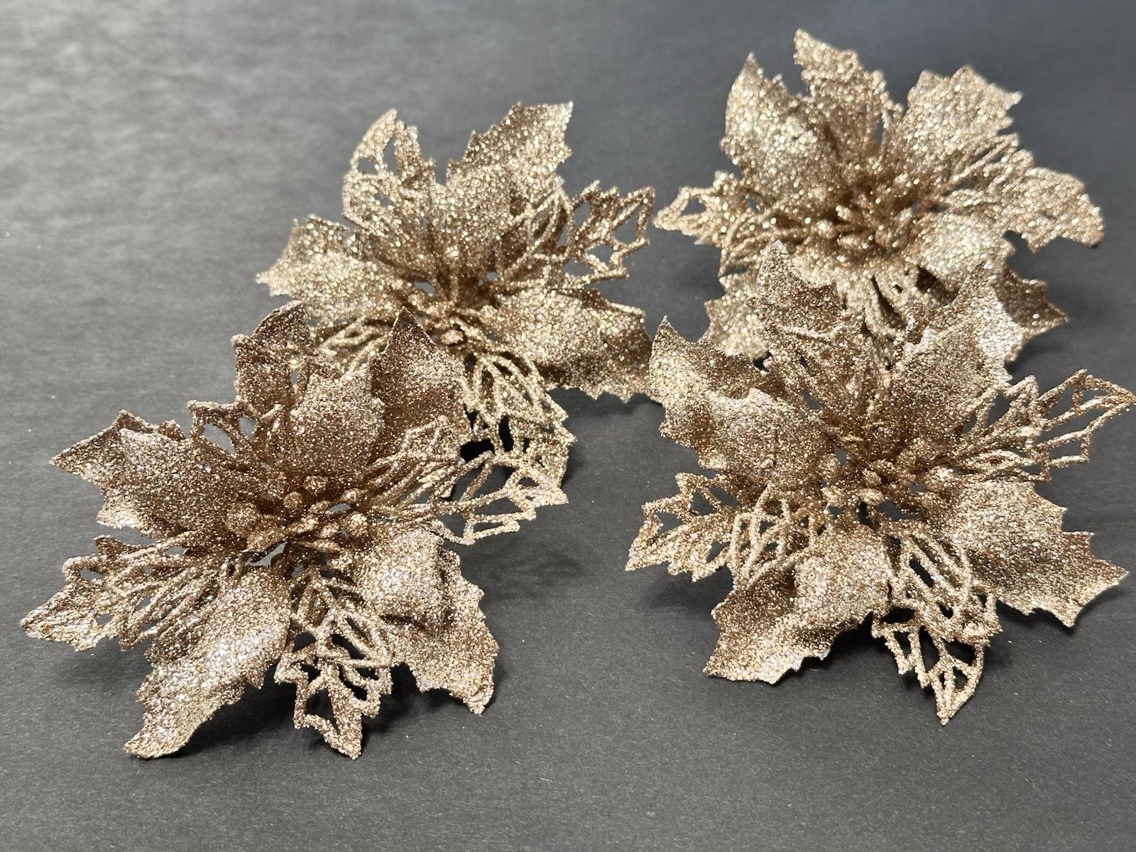 18 Champagne Tinted Glitter Christmas Accents Poinsettias Butterflies & Clips