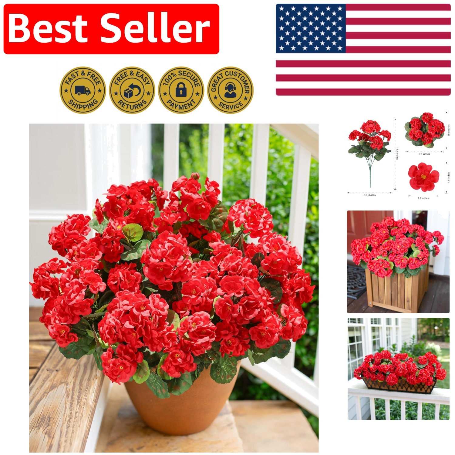 6 Bundles of Waterproof Red Artificial Geraniums for Elegant Outdoor Decor