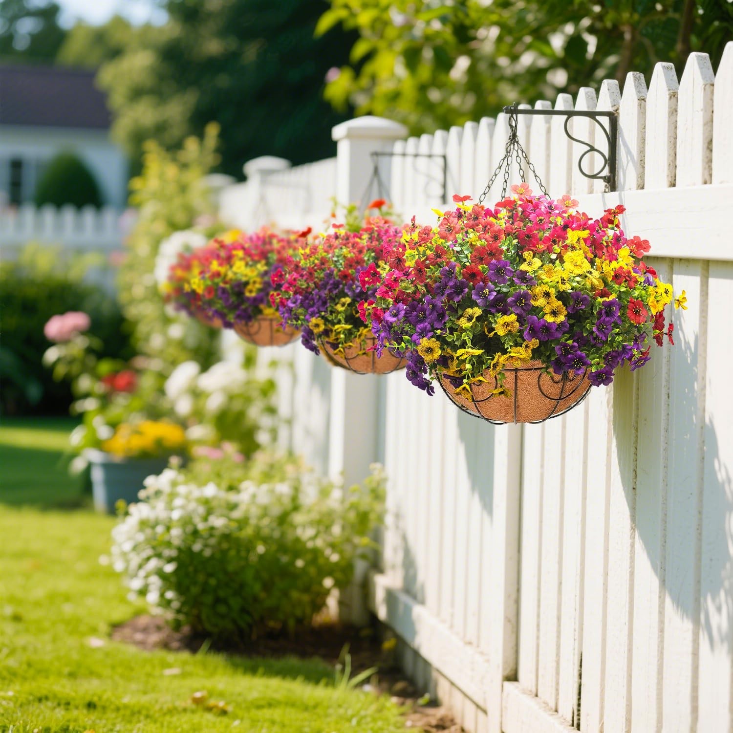 2 Set Artificial Outdoor Flowers with Hanging Baskets – 24 Pcs Planters for Gard