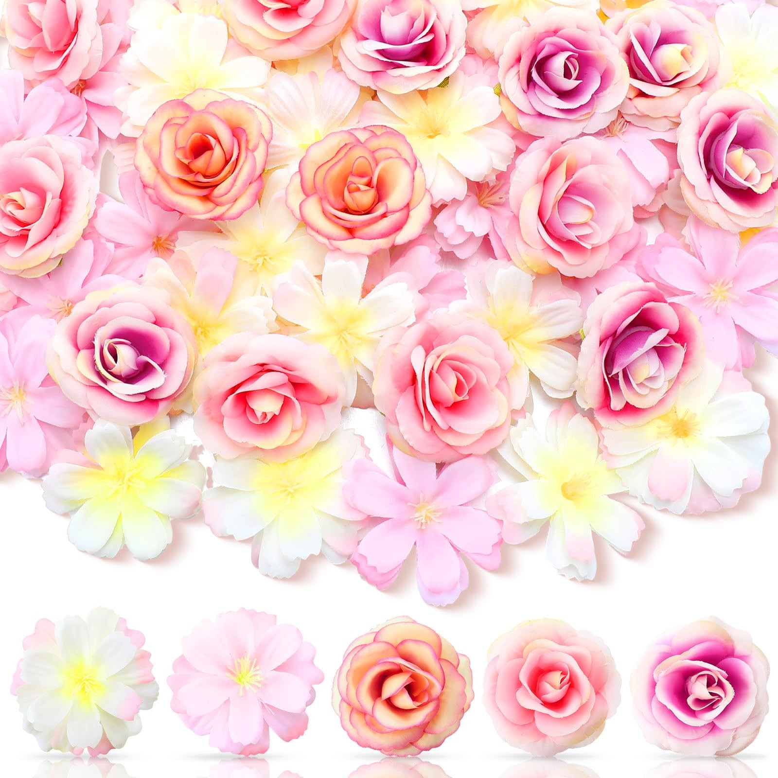 80 Pcs Mini Silk Flower Heads Small Fake Peony Daisy Rose Plum Blossom Bulk A…