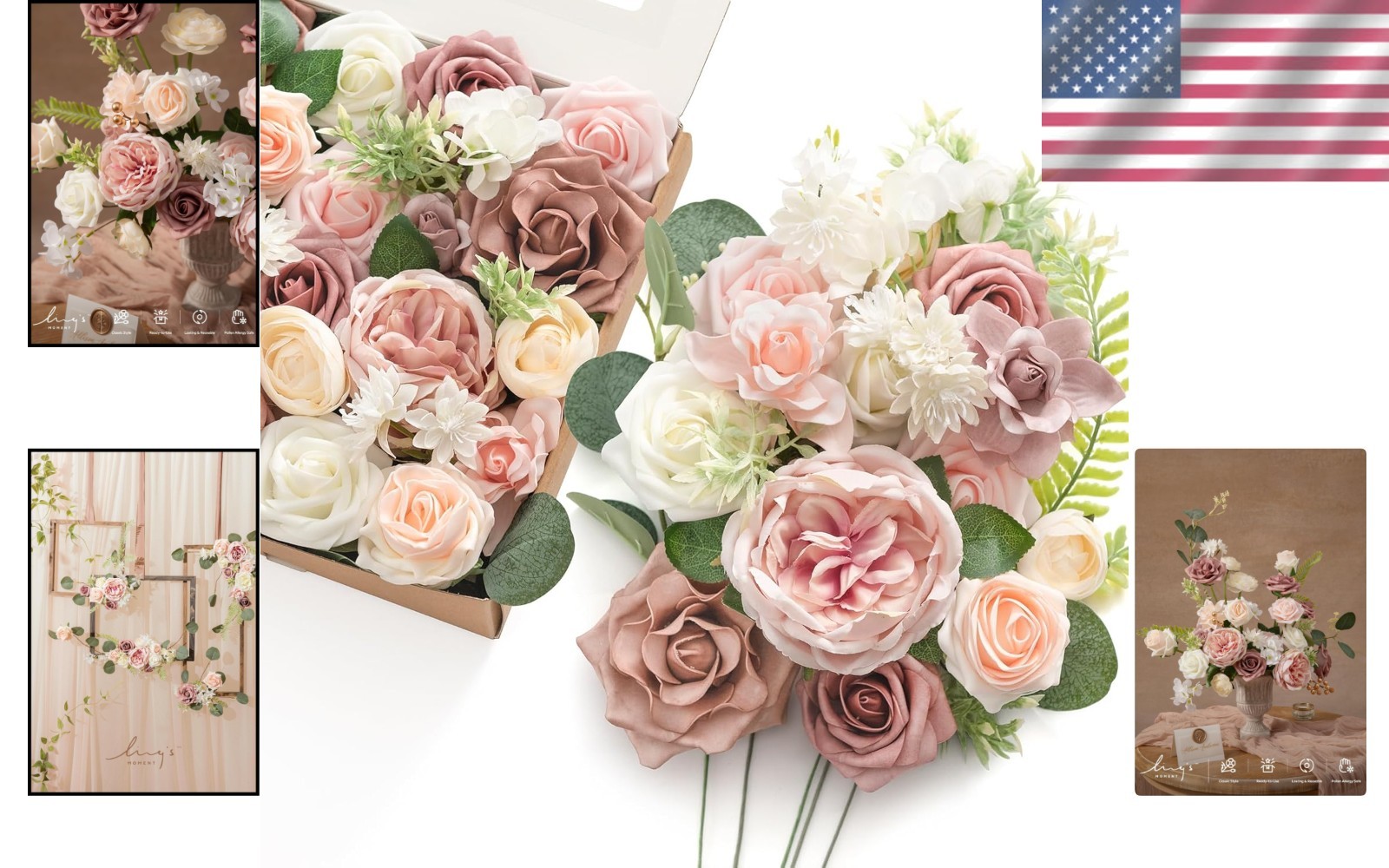 Silk Foam Roses Box, Greenery Stems, Wedding Bouquet Combo