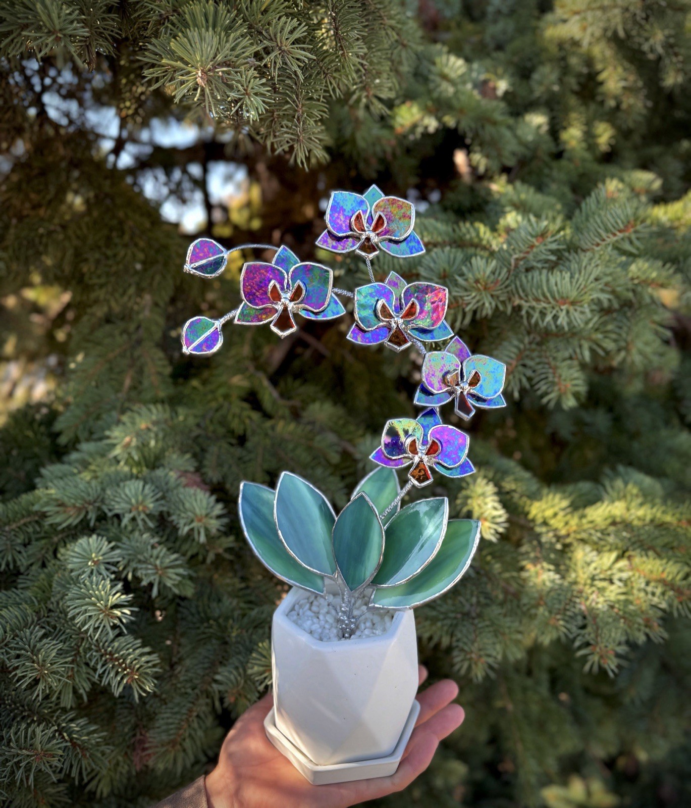 Stained Glass 3D Orchid indigo Iridescent, 5 Flowers In A Pot, Table Decor