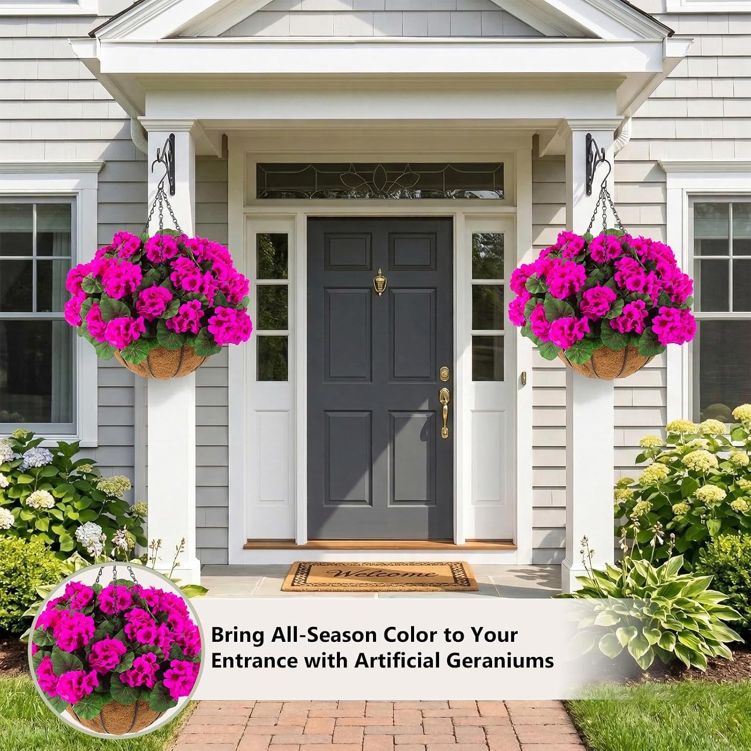 2 Set Artificial Outdoor Geraniums Flowers with Hanging Basket, 2 Hanging Plante