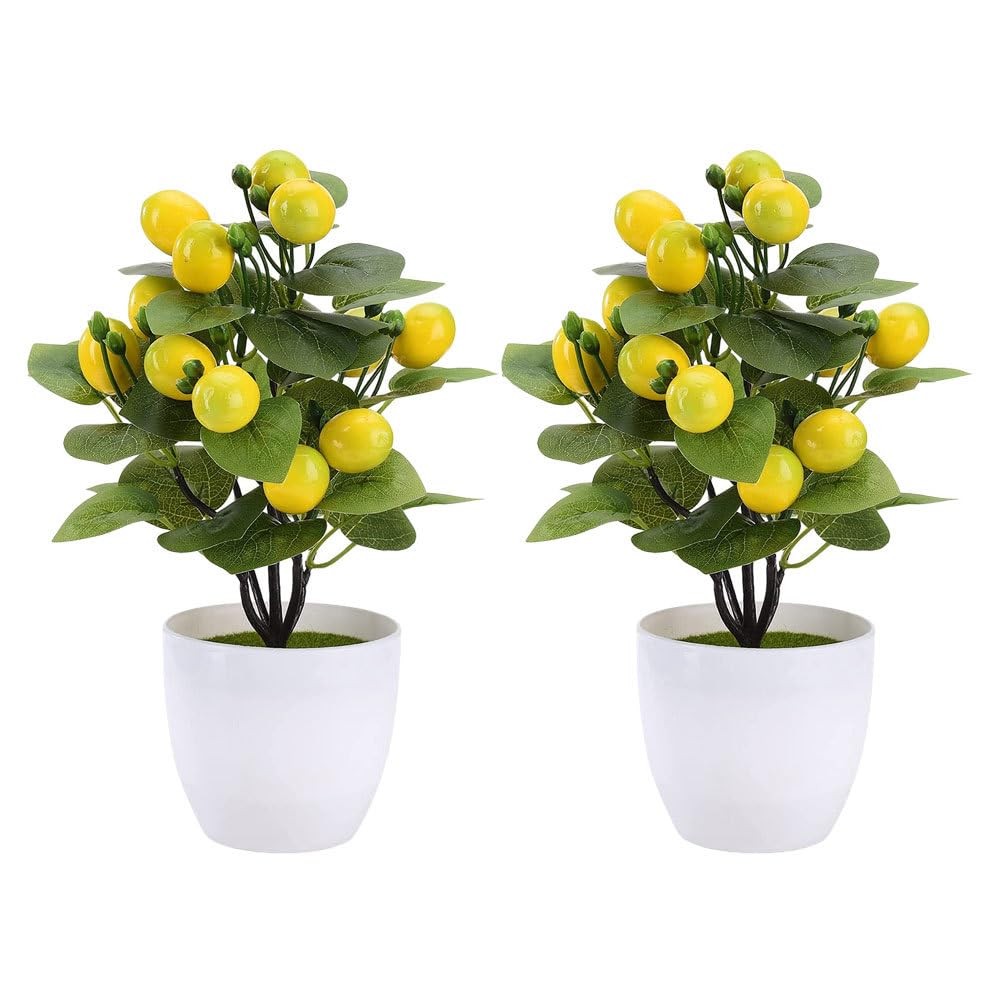Artificial Mini Lemon Tree Potted Plant 2 PCS Faux Bonsai Decor Fruit Home