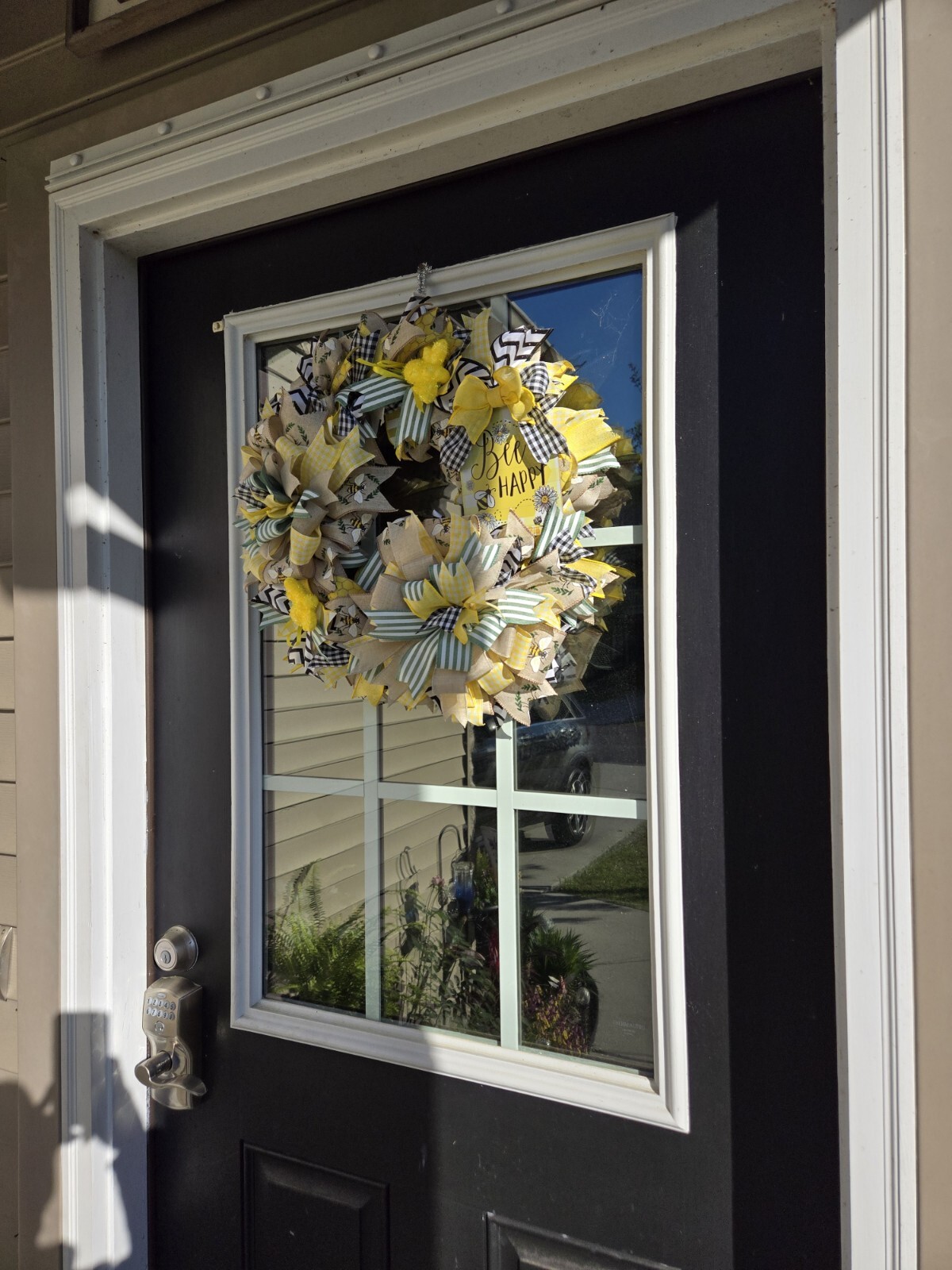 BEE happy WELCOME Spring Summer Fall Front Door Wreath Wall Decor Yellow Green