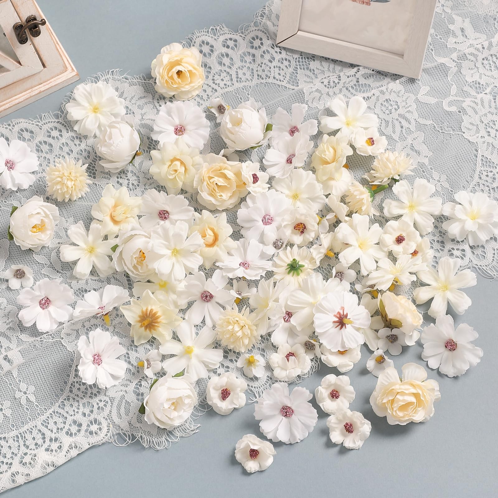 125 PCS Faux Flower Heads Small Silk Artificial Mini Rose Daisy Craft White