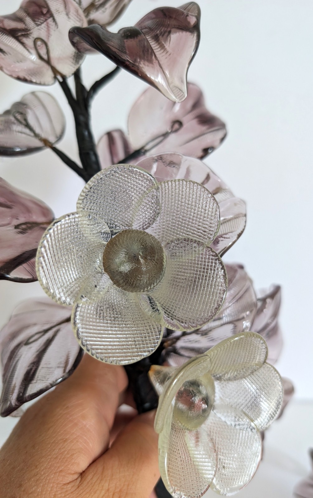 Vintage Hand Blown Glass Smoky Amethyst Flower Branches Set Of 3 Stalks MCM 15″
