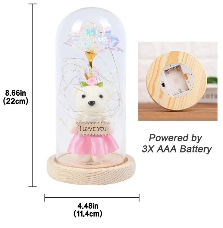 Rose in Glass Dome with Bear LED Gifts for Her Women Rose Alout